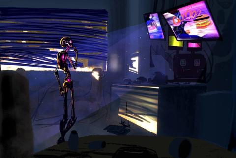 Combo #404 by Nooha Muhmoodullah — a neon-lit digital artwork featuring a skeletal figure in a dim, futuristic room