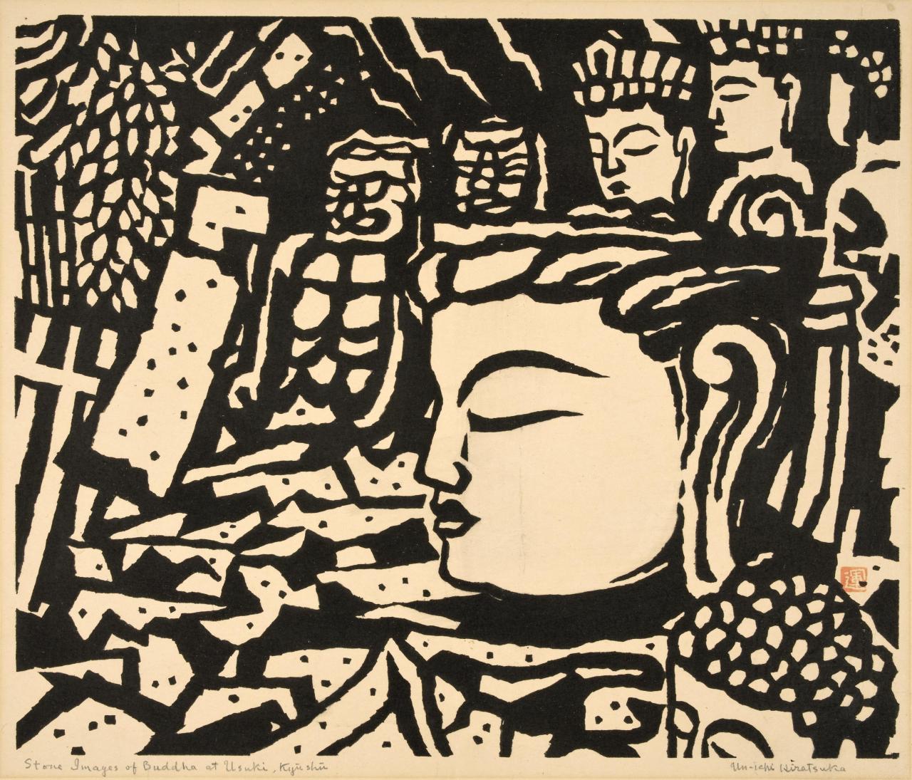Un'ichi Hiratsuka Stone Image of Buddha at Usuki (ca. 1940). Woodcut. Printed by the artist. Gift of Alice W. Houston. Photo: Marie-Louise Deruaz. Un'ichi Hiratsuka Stone Image of Buddha at Usuki (ca. 1940). Woodcut. Printed by the artist. Gift of Alice W. Houston. Photo: Marie-Louise Deruaz.