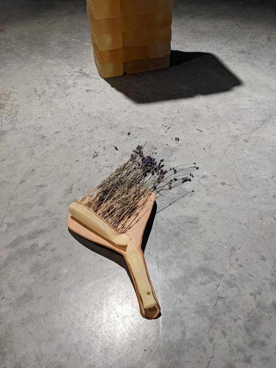 Patrick Moskwa. Dust Bin & Brush, 2020. Leather, latex, dried lavender. Photo Credit Patrick Moskwa.
