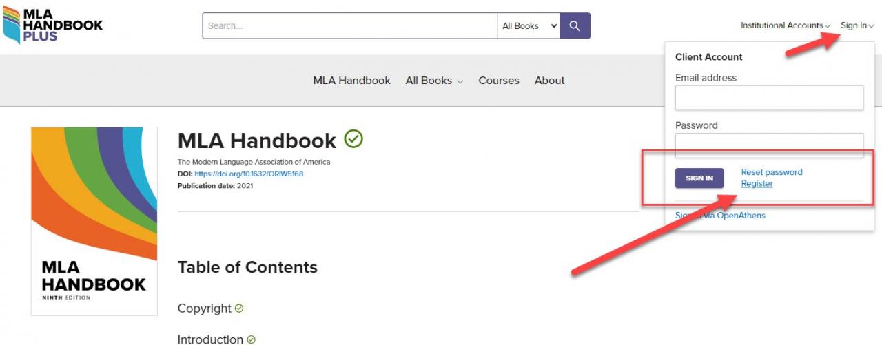 Screenshot of where to register for a MLA Handbook Plus account