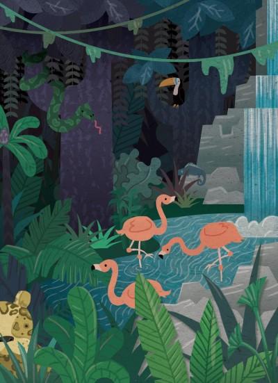 post card illustrative art featuring 3 flamingos, a snake, a toucan, a leopard in a dark jungle setting