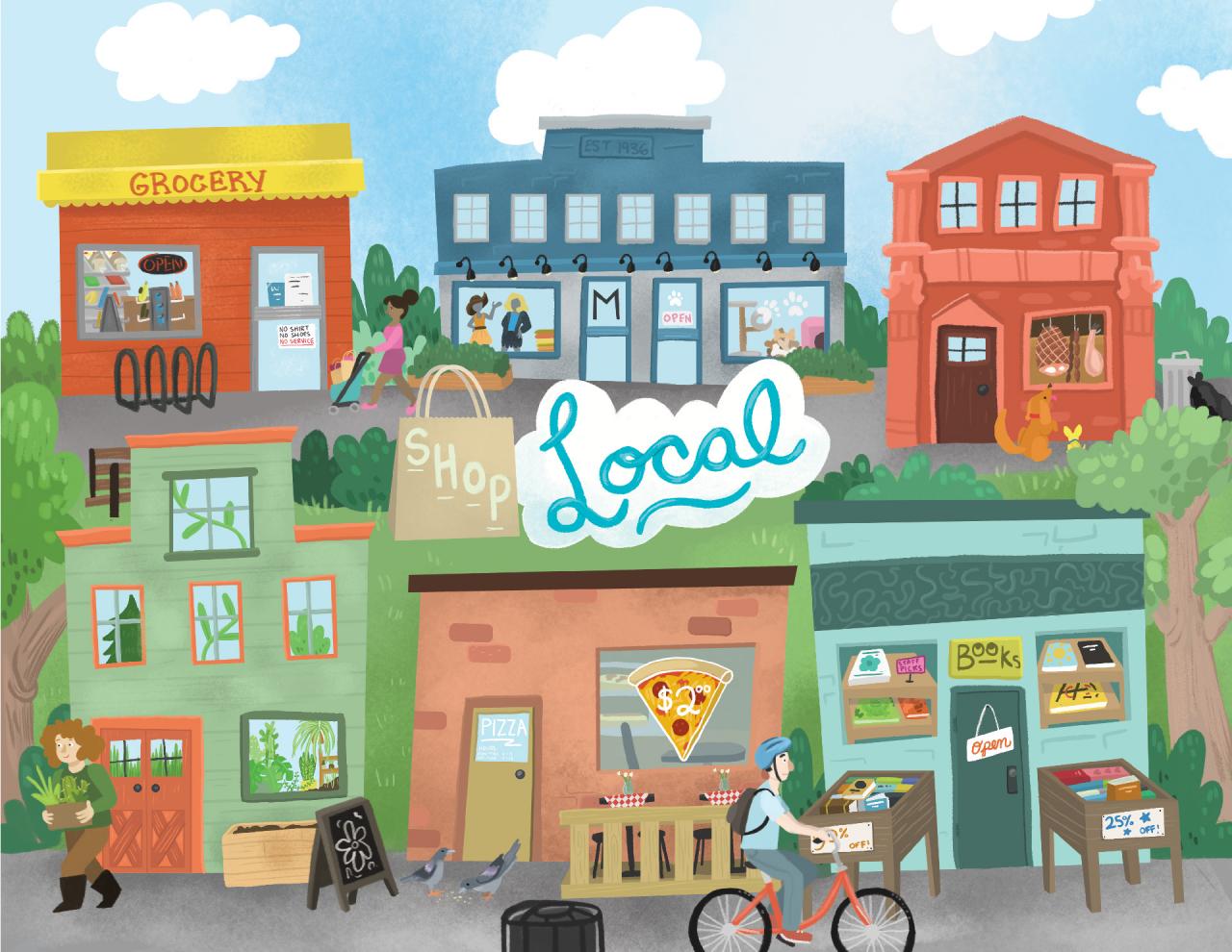 "Shop Local" community illustration featuring several colourful buildings 