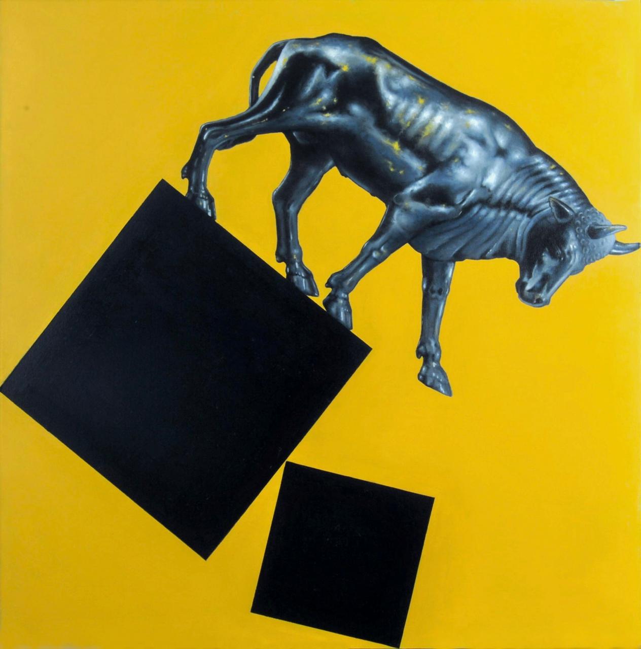 Nick Rooney painting, Nature of Gold. Blue ox on yellow background standing on black tilted square. 