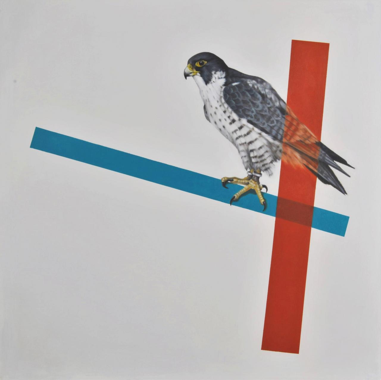 Nick Rooney painting, the spy, brown and white hawk perched on slanted blue rectangle with red rectangle running up and down. 