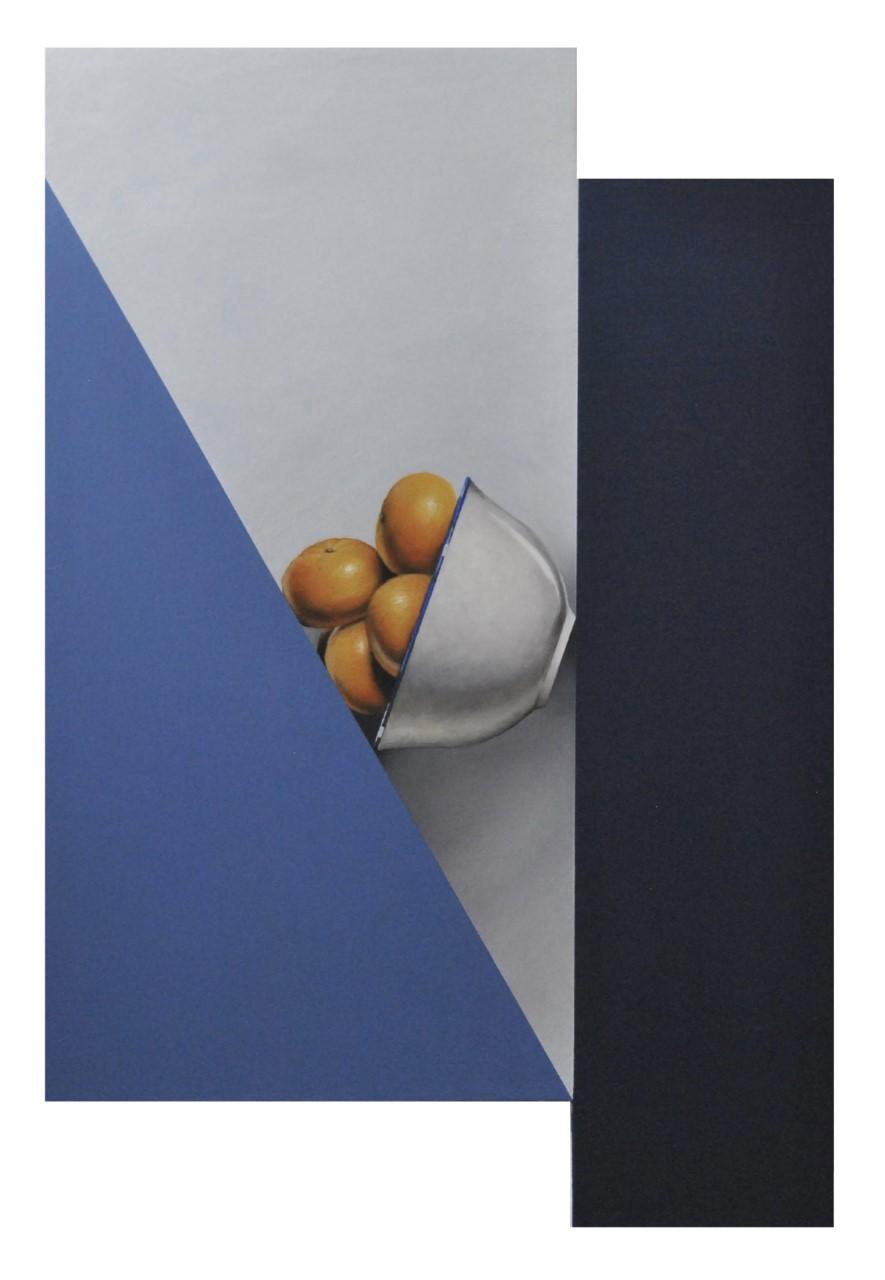 Nick Rooney painting, Wedge. Fruit bowl sliding down blue triangle. 