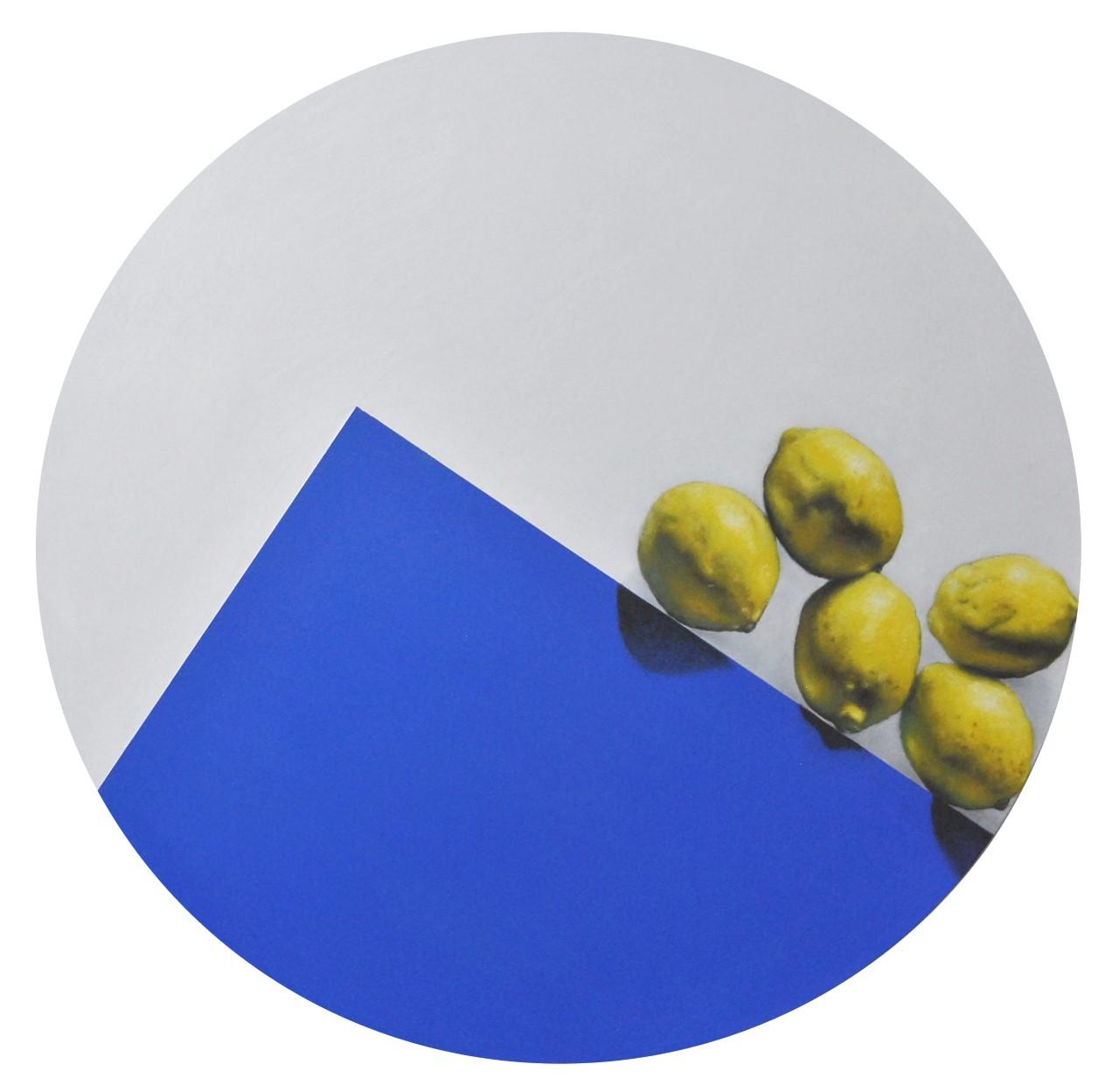 Nick Rooney painting, five yellow lemons seemingly rolling down a bright blue prism. 