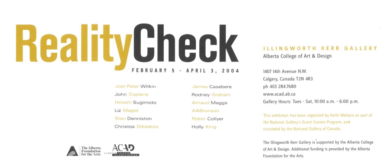 Reality Check, postcard, 2004. Reality Check, postcard, 2004. Reads: RealityCheck in yellow then black font on a white background, artists names are below on the righthand side.