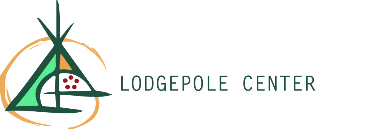  A stylized logo featuring a green triangular shape resembling a tipi, intersected by abstract geometric lines in green and orange. Inside the triangle, a curved element contains six red dots arranged in a circular pattern. The logo is encircled by a freeform, orange brushstroke, adding a dynamic and organic feel. The design conveys themes of community, Indigenous culture, and creativity.