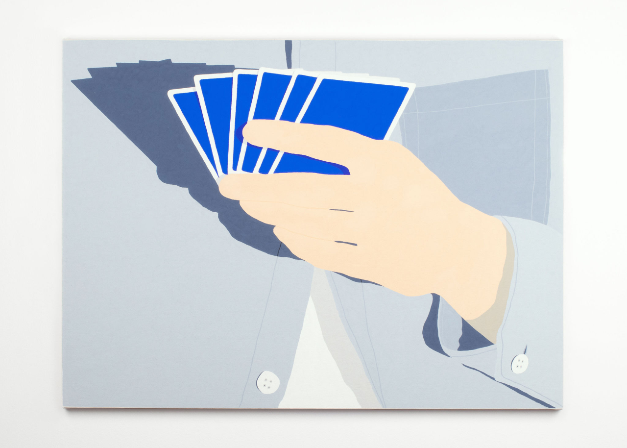 A close-up painting of a hand holding blue playing cards. The hand is wearing a light blue suit sleeve, similar in style to the red card artwork, using flat colors and clean edges.