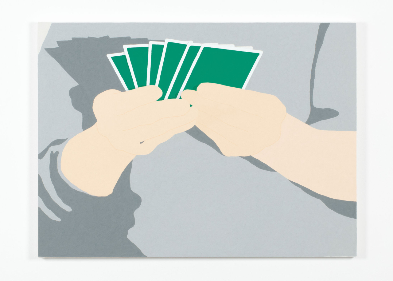 A close-up painting of a pair of hands holding green playing cards. The person is wearing a gray sweater, with the same minimalist aesthetic as the other card paintings.