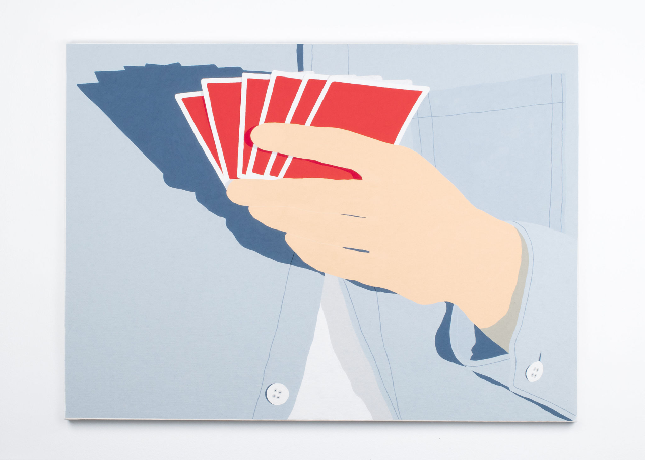 A close-up painting of a hand holding red playing cards. The hand is wearing a light blue suit sleeve, and the artwork is created in a flat, graphic style with clean lines.