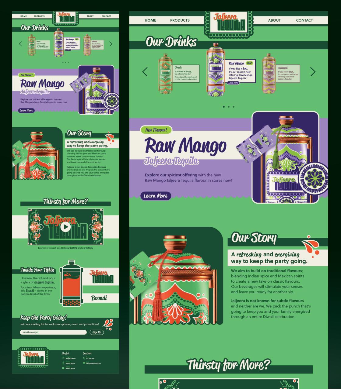 Landing page mockup for Jaljeera Tequila, featuring colorful bottles, new Raw Mango flavour, and brand story sections.