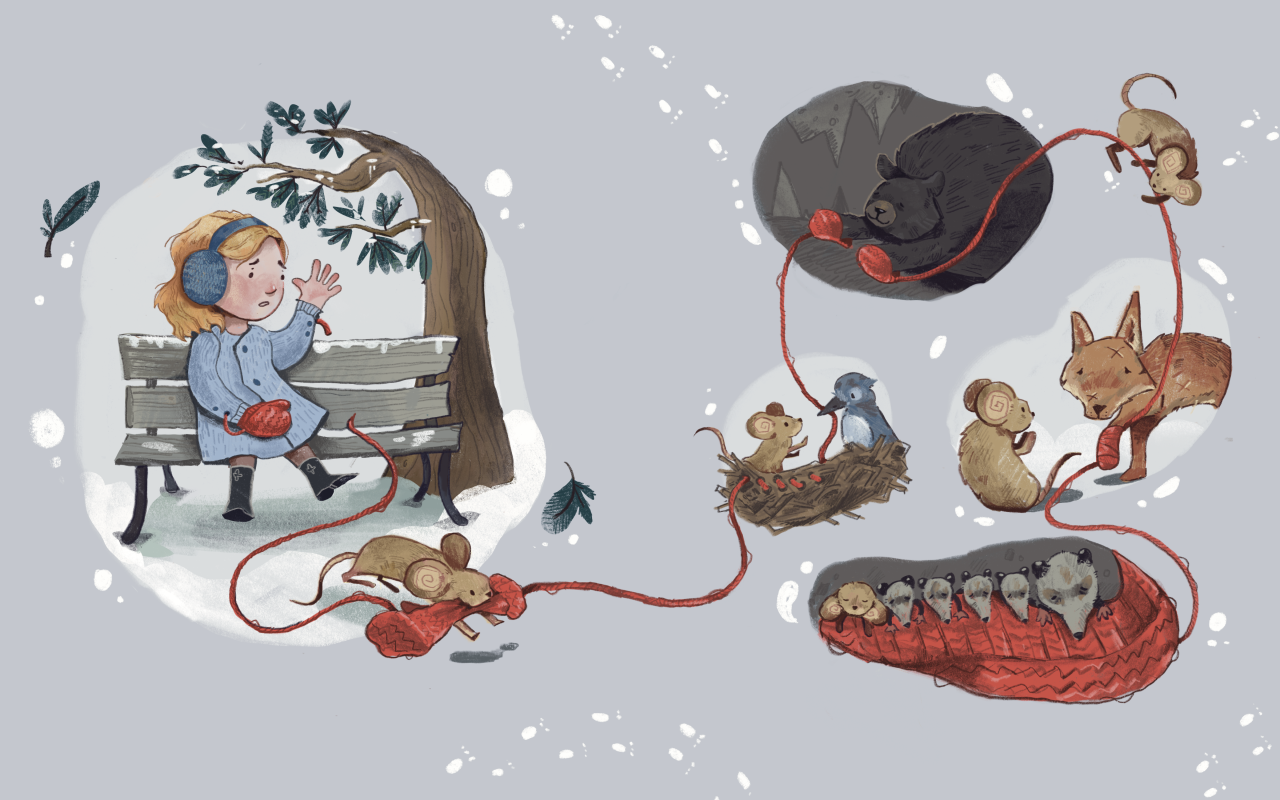 Illustration titled The Red Mitten by Chantel Giles, showing a young girl on a snowy bench who has dropped her red mitten. A string of red yarn connects the mitten through a whimsical sequence where animals—a mouse, bird, bear, fox, and possums—use it for warmth and play.