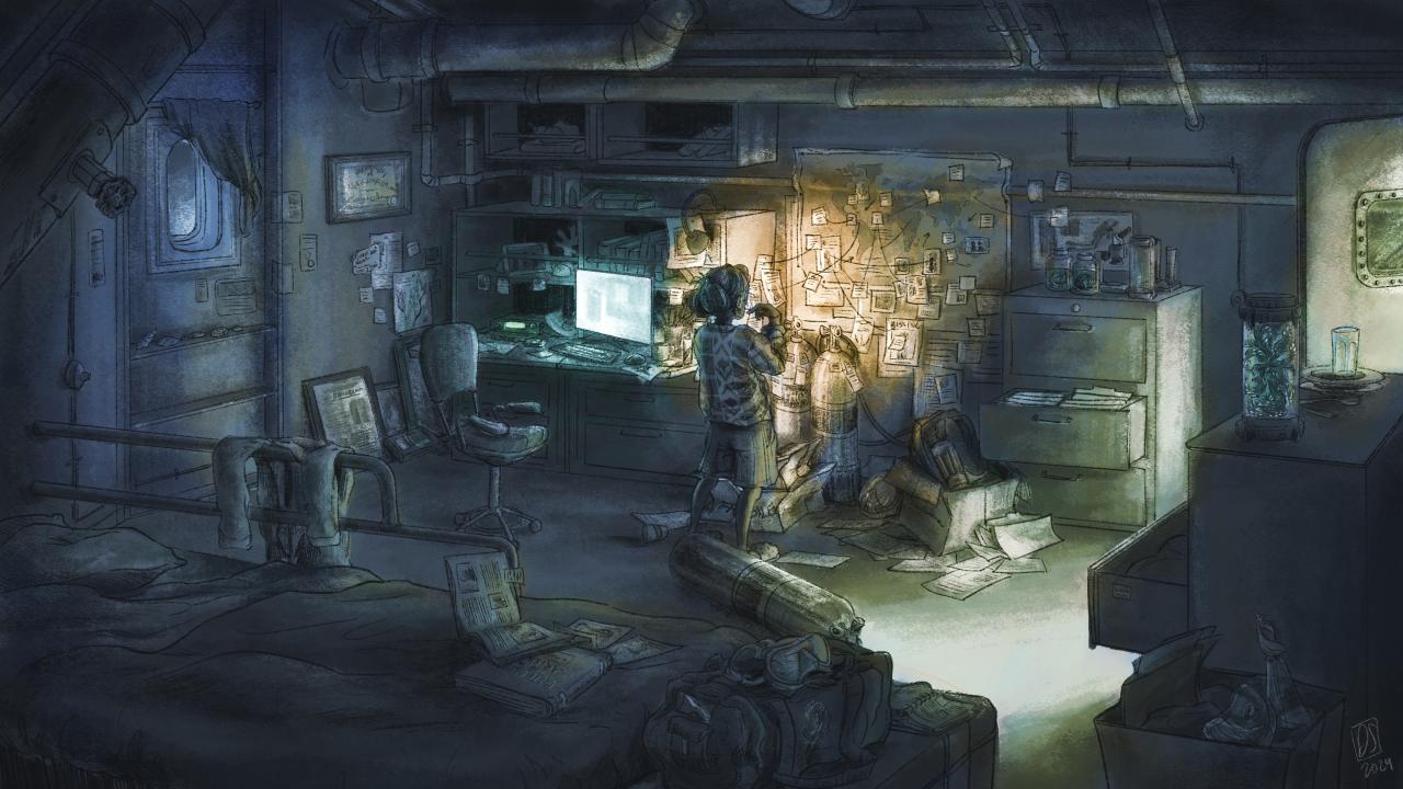 Danielle Schulmeister, 4th Year Character Design & Illustration, The Office of Dr. Murdock, digital drawing of a detailed, imaginative interior featuring stylized characters and objects.