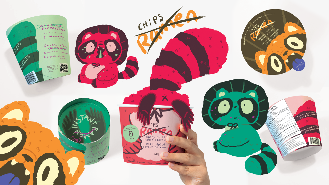 Colorful chip packaging with cartoon red pandas, designed by Julia Dela Pena, 4th Year Graphic Design & Advertising student.