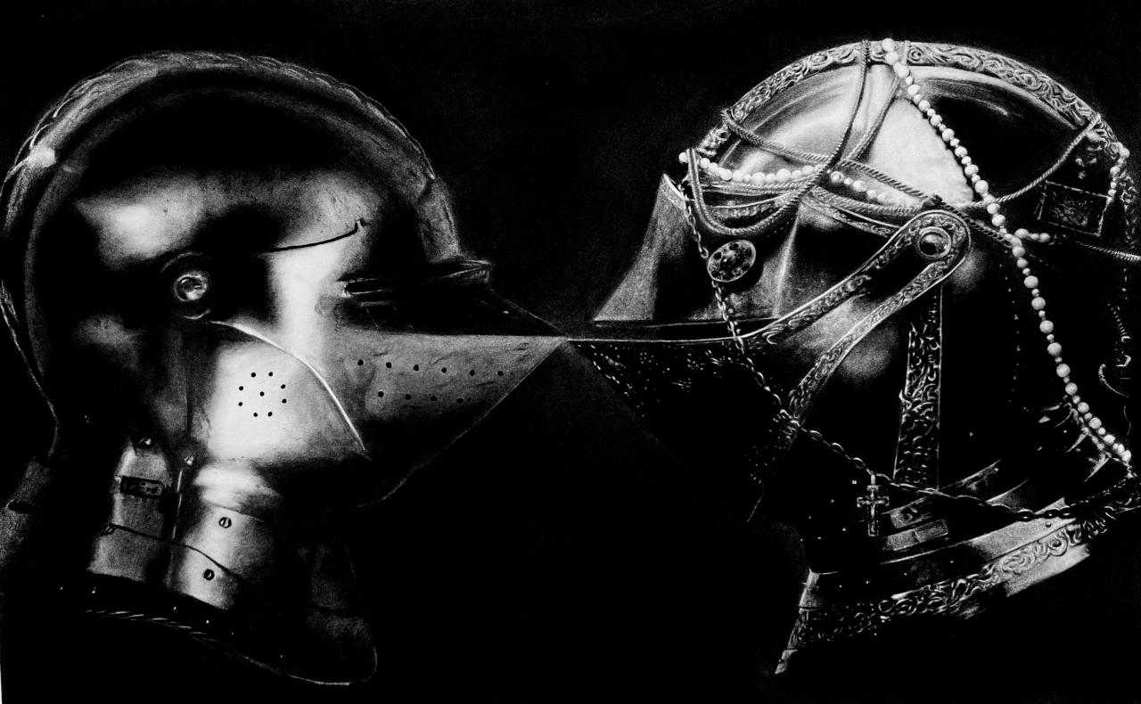Black and white drawing of two detailed knight helmets facing each other, by Liam Blunt, 2Knights.