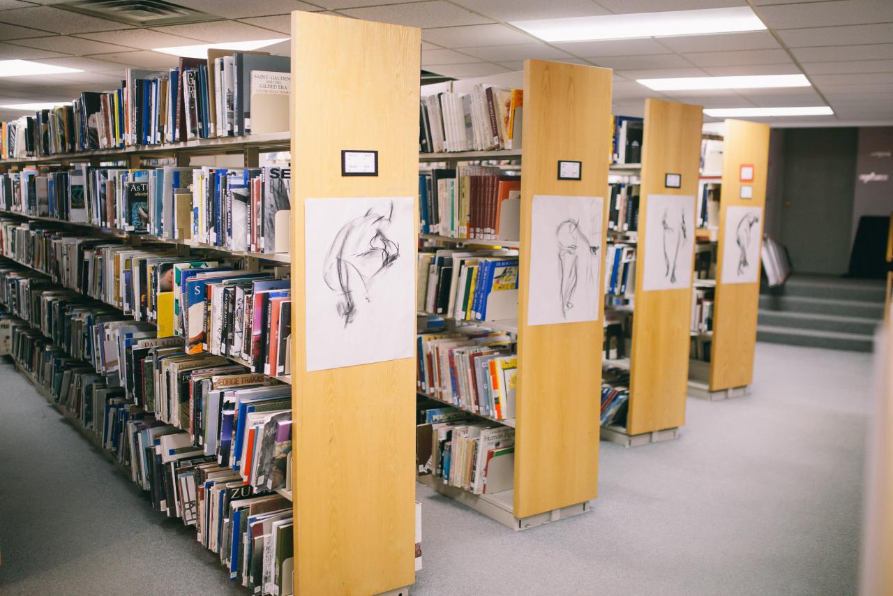 Rows of bookshelves in a library filled with art and design books. Large charcoal figure drawings are displayed on the wooden end panels of the shelves, adding a creative atmosphere to the academic space.