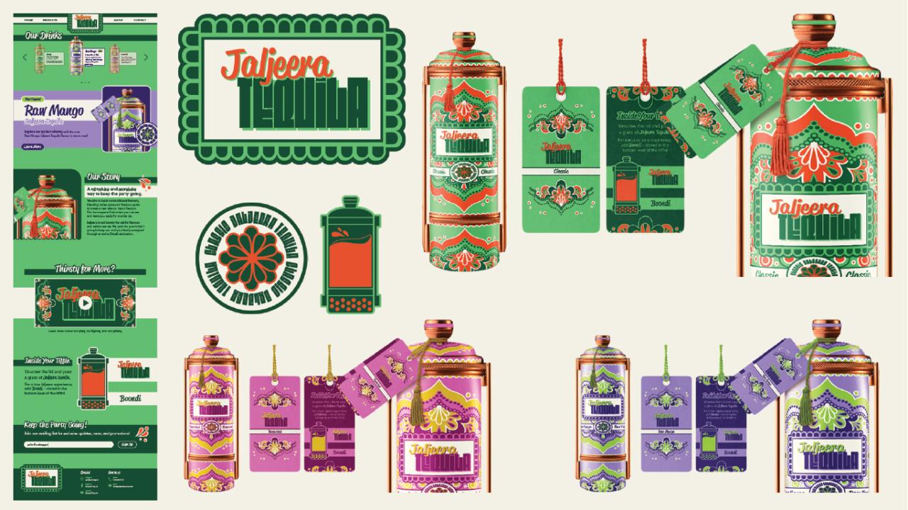 A colorful branding and packaging design project for "Jaljeera Tequila," featuring illustrated tequila bottles in vibrant red, green, pink, and purple patterns with floral and geometric motifs. The layout includes bottle labels, hang tags, logos, and a mockup of a website design showcasing the brand’s story and product details.