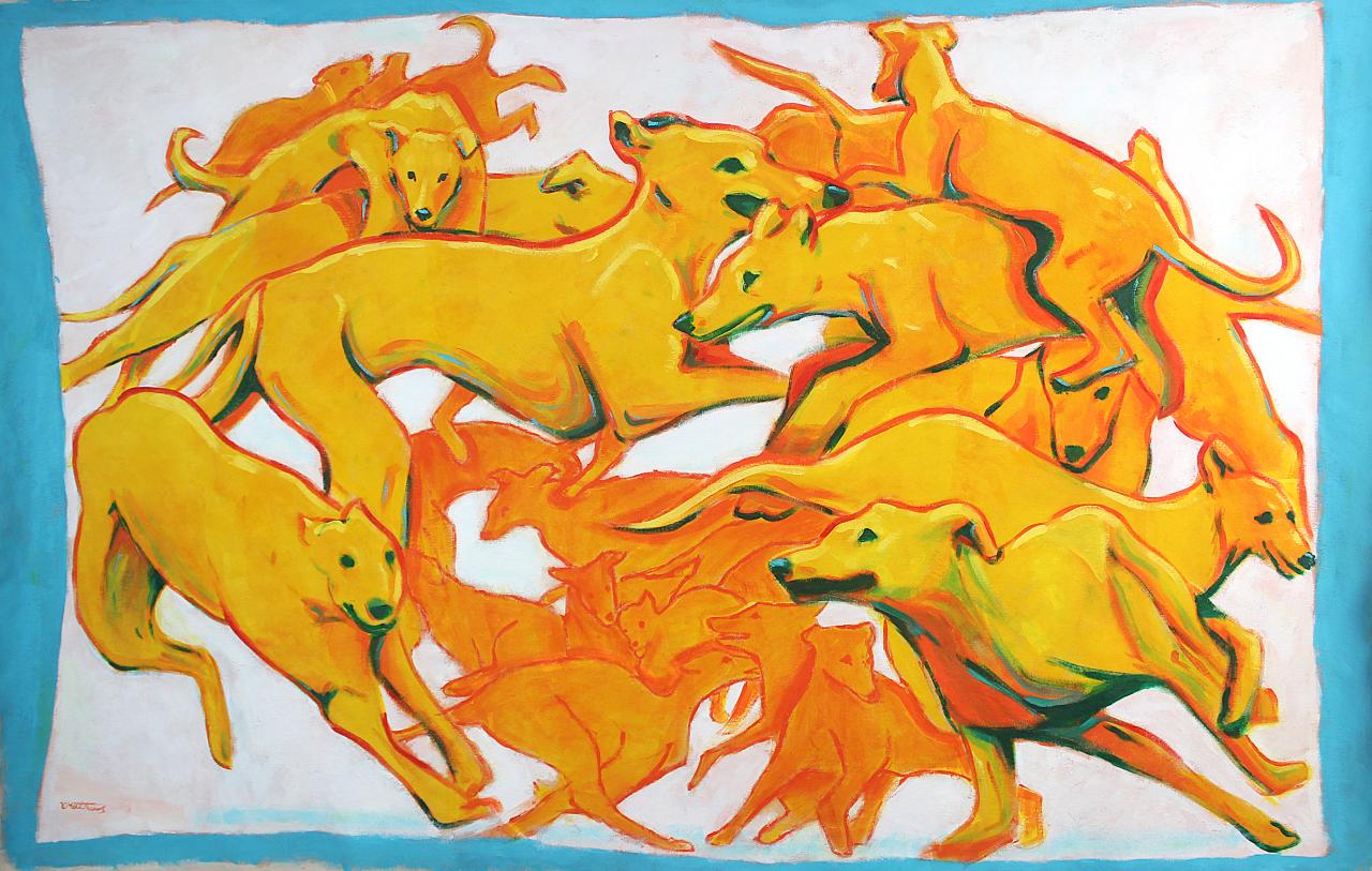 Acrylic painting of several greyhounds in motion, their elongated forms overlapping dynamically across the canvas. The composition emphasizes movement and energy, with expressive brushstrokes and layered color.