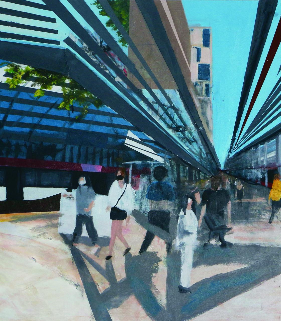William Armstrong's Convergence painting of a group of masked people walking in a downtown area.