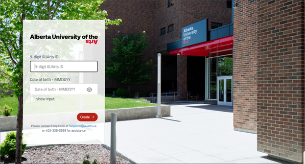 Account setup screen requesting 9-digit AUArts ID and date of birth.