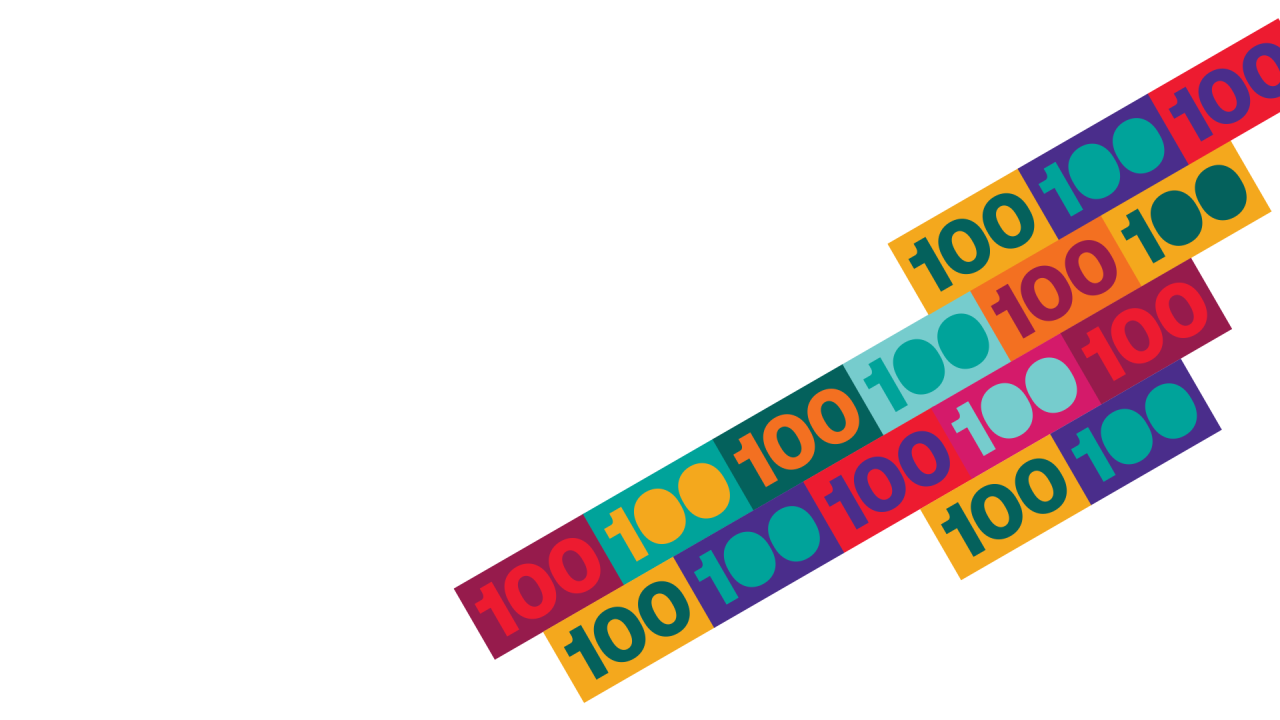 Tilted colourful '100' banner in celebration of AUArts Centennial.