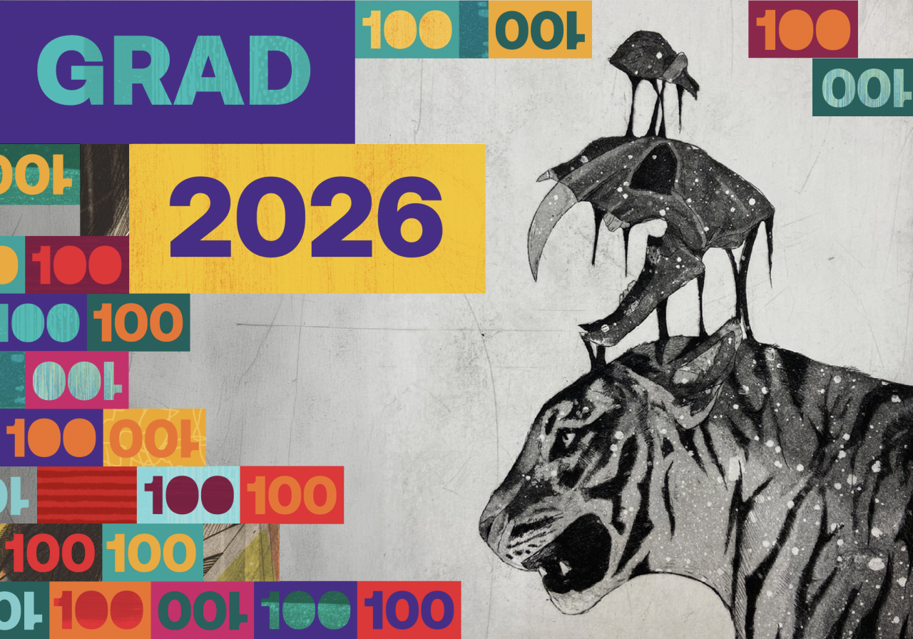 Graphic for AUArts Grad Show 2026 featuring KC Kaypo’s Extinct Life, a black-and-white drawing of a tiger-like figure with a skeletal bird form, layered with colourful “100” and “GRAD 2026” text blocks.