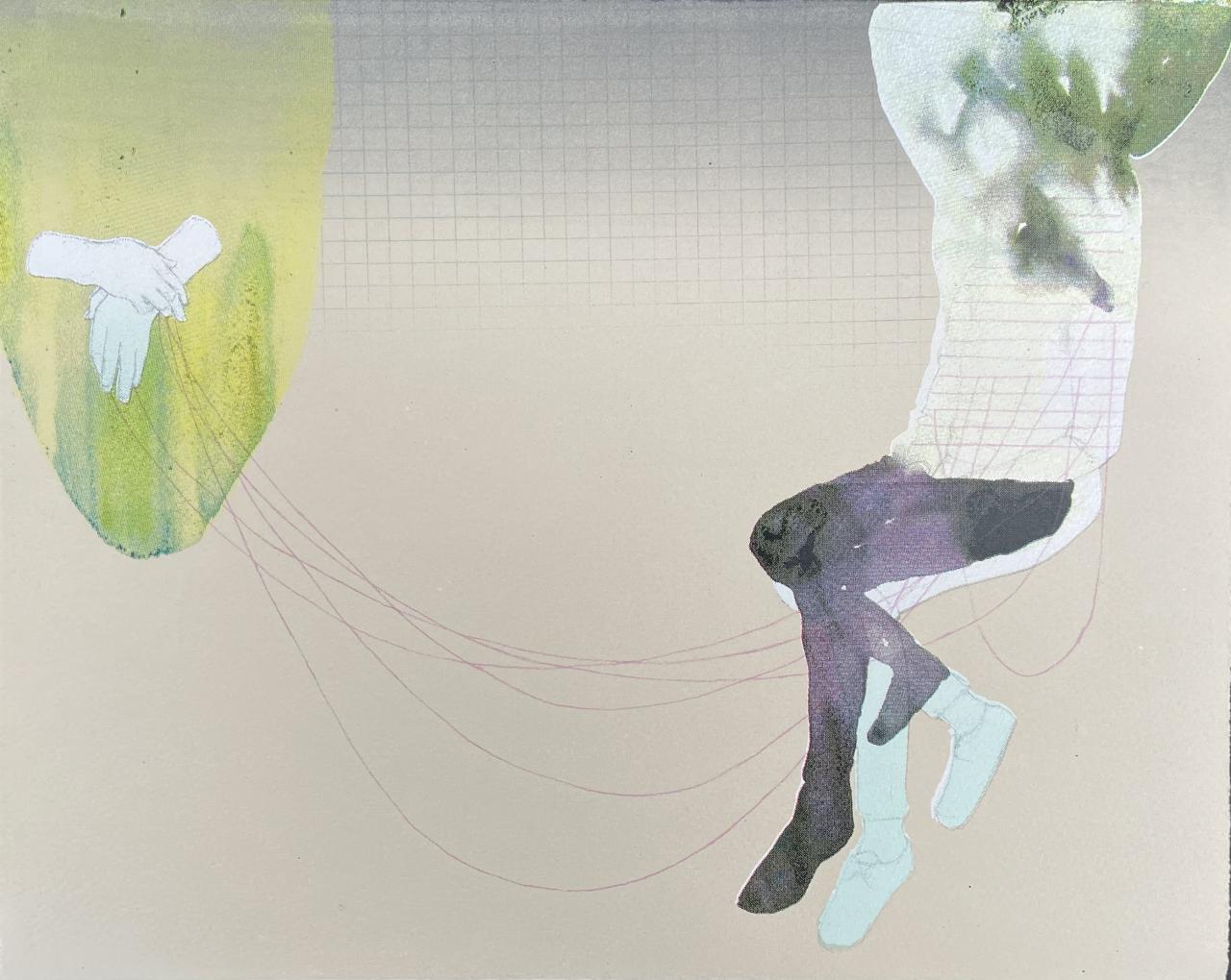 Untethered, an abstract mixed-media artwork by Heather Huston featuring suspended figures connected by flowing red lines.