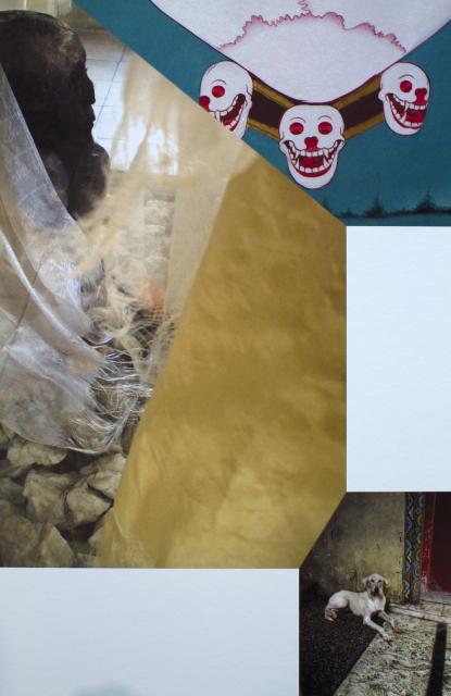 Detail of one of the prints. There are three red and white skull like drawings in the upper right hand side. There is hanging gold silky cloth on the left. There is a sitting dog in front of a door in the right hand corner. There is white space beside the fabric and under. All the images touch. 