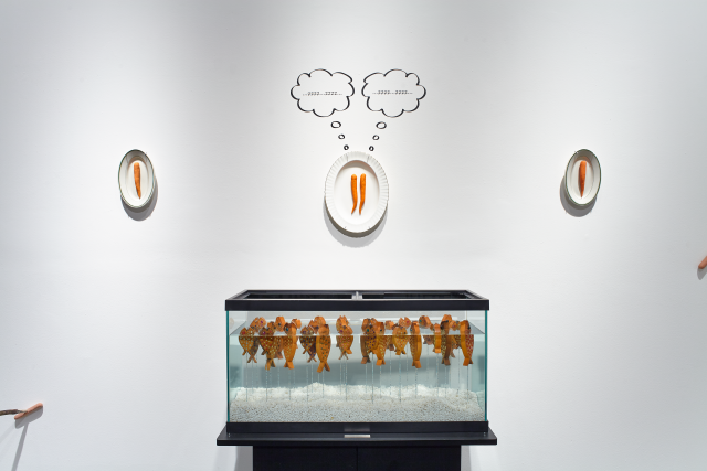 Detail shot of the fish tank with orange fish. The fish are held up with their faces outside the water. All their mouths are agape. On the wall we see details of the carrots hung on plates. On closer inspection each carrot has a face.