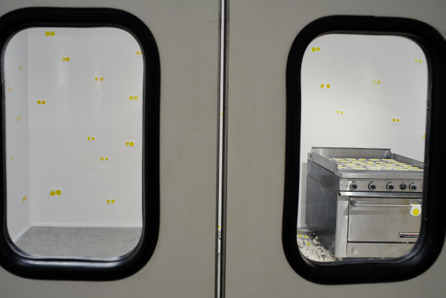 Through the "kitchen" doors we can see the same double eggs from the table tops collected and hung on the walls. There is a stove with the same eggs covering the top. We also see a corner of the broken egg shells.   