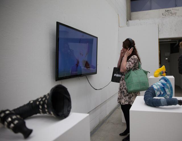 A guest engaging with one of the works.