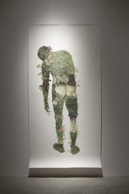 Detail of Green Man (2012). A life size pastel drawing of a human figure made up of different flora. 