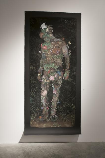 Detail of Leshy (2013). An intricate pastel drawing of a figure made up of different natural elements. 