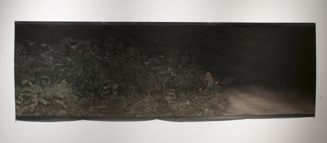 Detail of Seeding (2012). A large horizontal pastel drawing depicting a dimly lit flora scene. There is a hand falling out from behind the bush.