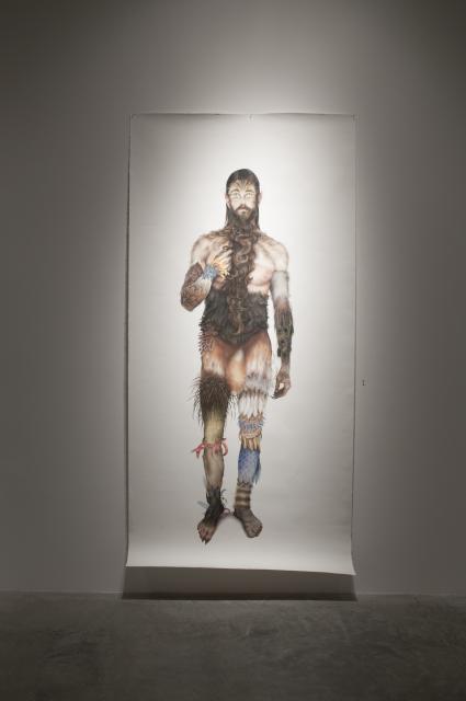 Detail of Wild Man (2012). A life size figure of a man compromised of various fauna. 