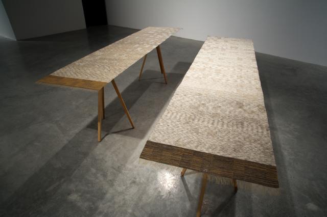 MacKenzie Kelly-­Frère. Interval/Duration, 2014. Two silk, linen, hemp, sumi, and plant dyed weavings.  