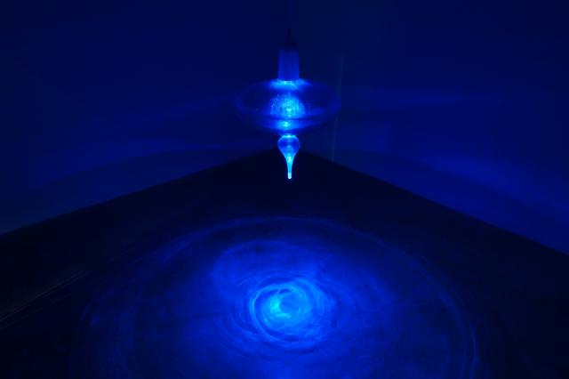 Tyler Rock. Still Water, 2012. A site-­‐specific installation Handblown glass, LED light, stereo equipment, voice activated switches, C02