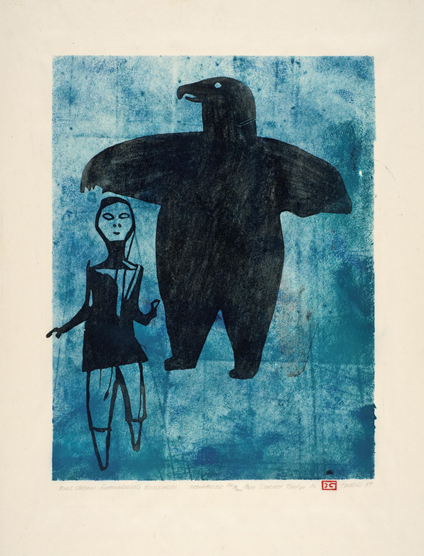 Tudlik. Bird Dream Forewarning Blizzard (1959). Stonecut with rolled background. Printed by Iyola Kingwatsiak. Photo: Marie-Louise Deruaz.
