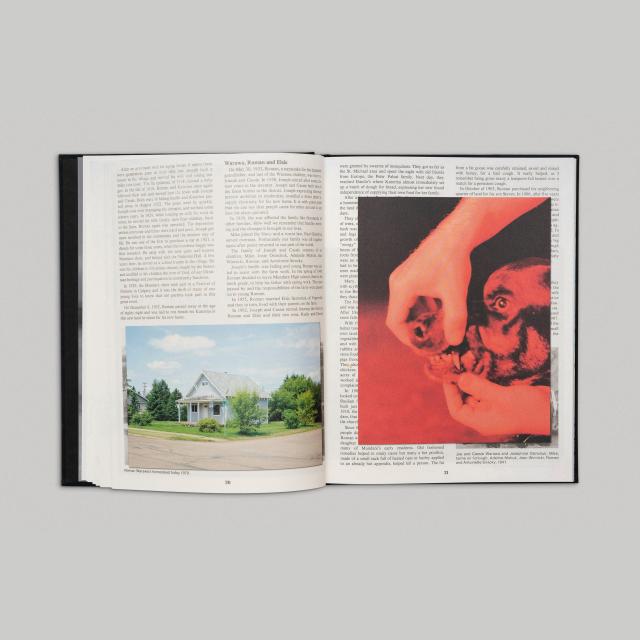 An open book spread featuring a mix of text and imagery. The left page shows a photograph of a quaint suburban house surrounded by greenery, while the right page displays a striking red-toned image of hands feeding a dog, creating a juxtaposition of calm and intensity. The layout combines storytelling with visual elements for an engaging reading experience.