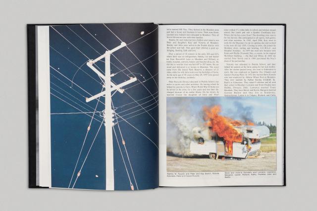 An open book spread featuring contrasting imagery and text. The left page displays a striking photograph of a utility pole and wires against a deep blue sky, creating a sense of structure and connection. The right page includes a vivid image of a burning RV alongside detailed text, juxtaposing tranquility with chaos. The layout blends visual storytelling with narrative content, offering a thought-provoking experience.