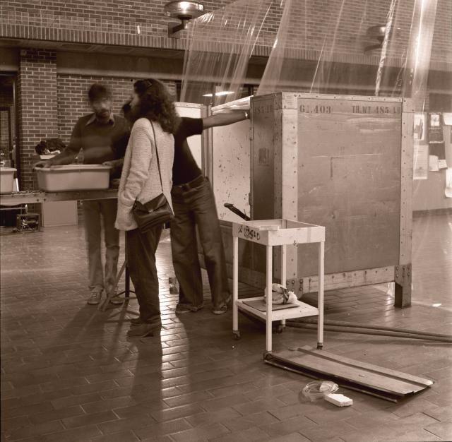 Installation view of Noel Harding, flying gliders and walking in the clouds, active performance, 1980.