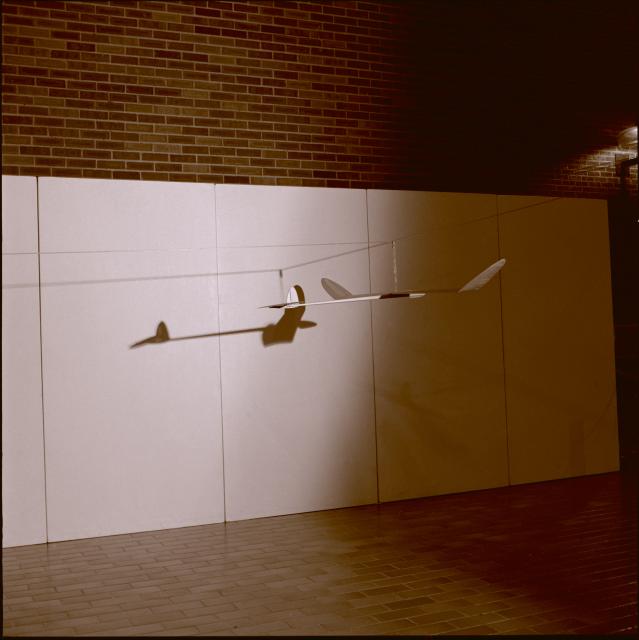 Installation view of Noel Harding, flying gliders and walking in the clouds, active performance, 1980.