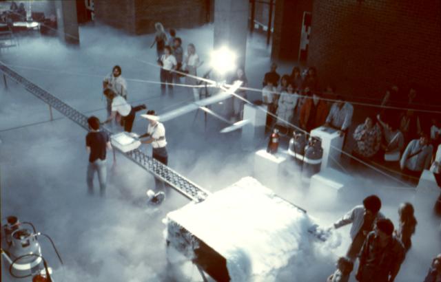 Installation view of Noel Harding, flying gliders and walking in the clouds, active performance, 1980.