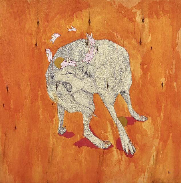 Ink drawing on plywood of a wolf surrounded by small pink creatures on an orange background, by Sasha Terway, Taunt.