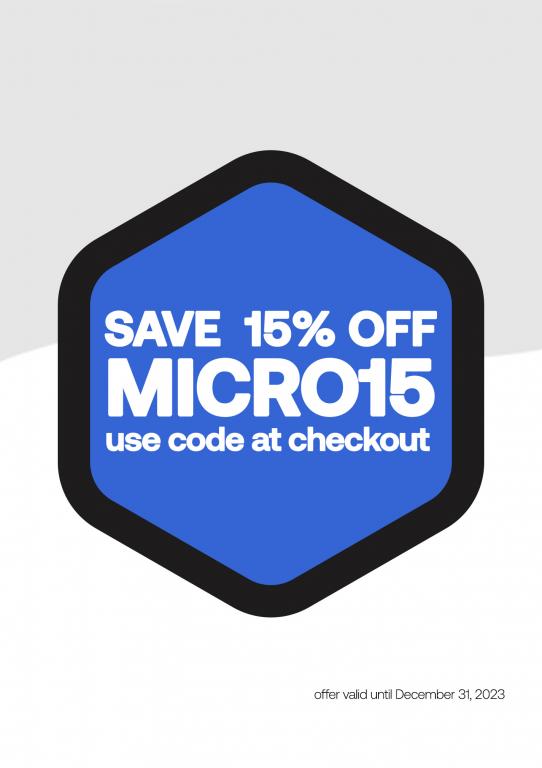 illustrated hexagon with text "save 15% off Code: MICRO15 use code at checkout"
