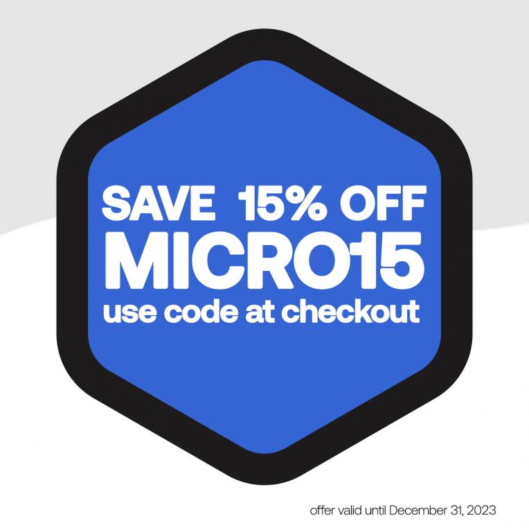 illustrated hexagon with text "save 15% off Code: MICRO15 use code at checkout"