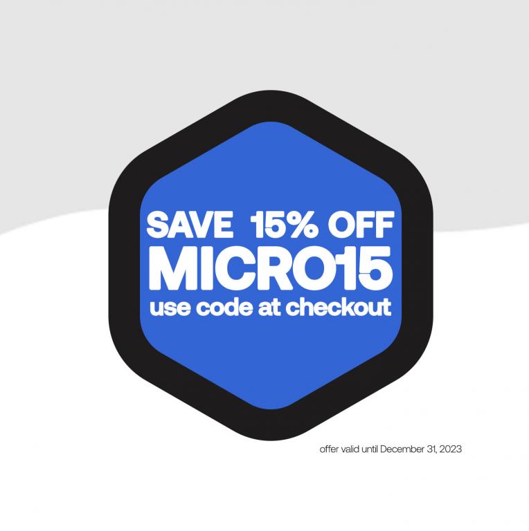 illustrated hexagon with text "save 15% off Code: MICRO15 use code at checkout"