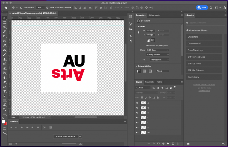 after effects workspace depicting AUArts logo