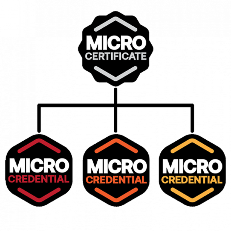 3 illustrated hexagon digital badges consisting of red, orange and yellow sit below a scalloped micro-certificate badge.